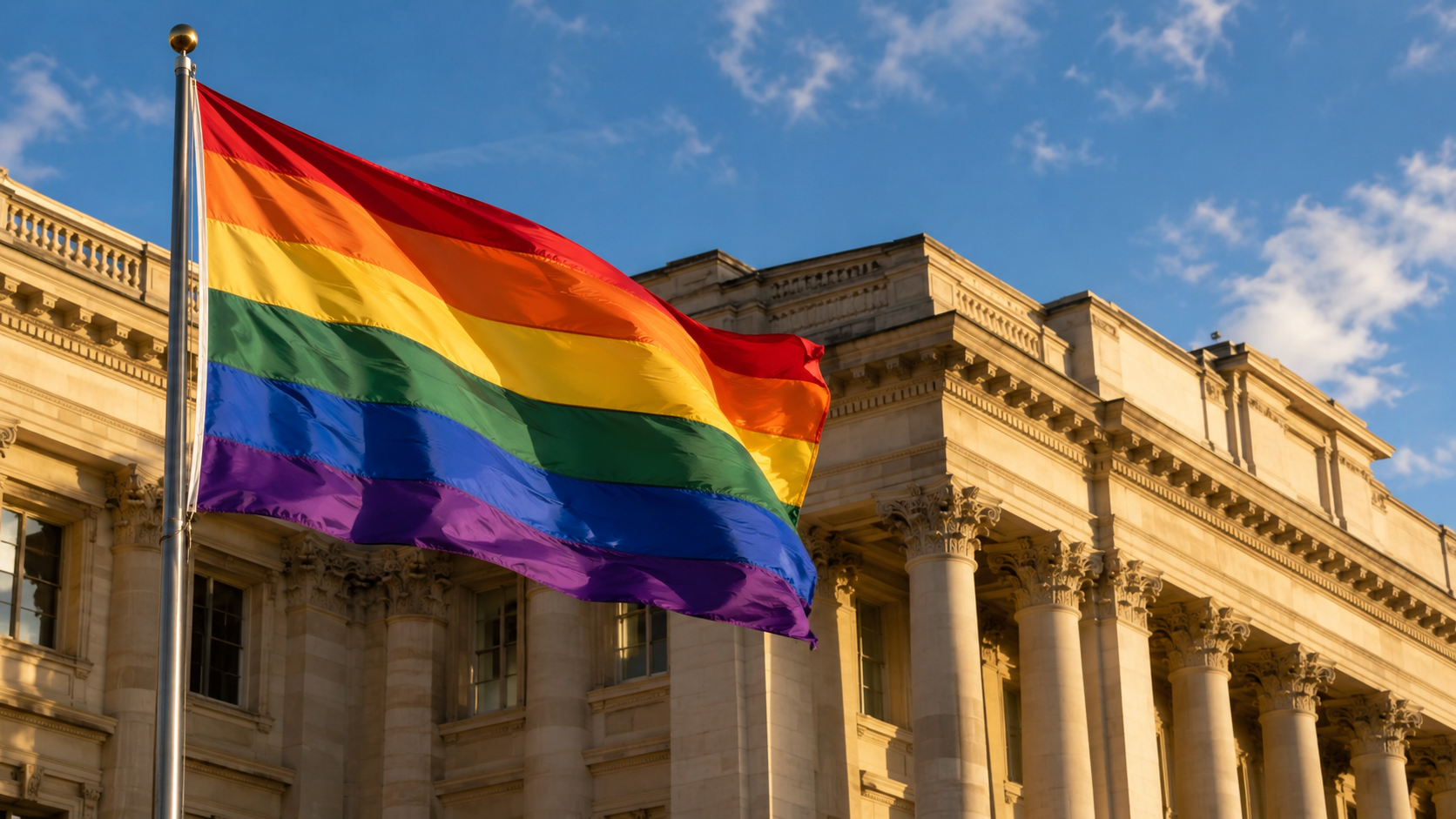 Drapeau arc-en-ciel flottant devant la façade néoclassique d'un bâtiment institutionnel européen, symbole des droits LGBTI